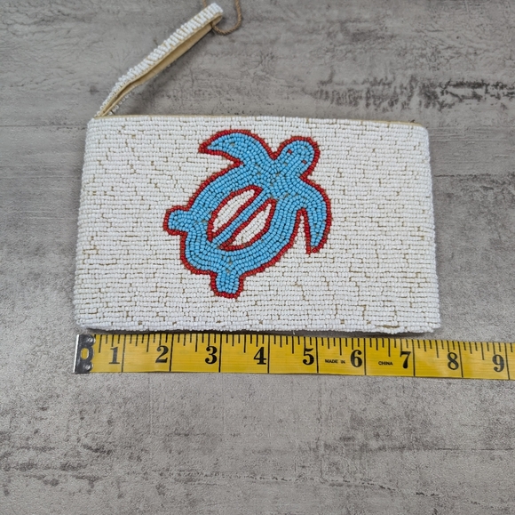 Beaded Sea Turtle Blue Cream Wristlet Clutch Purse Wallet - Picture 6 of 7